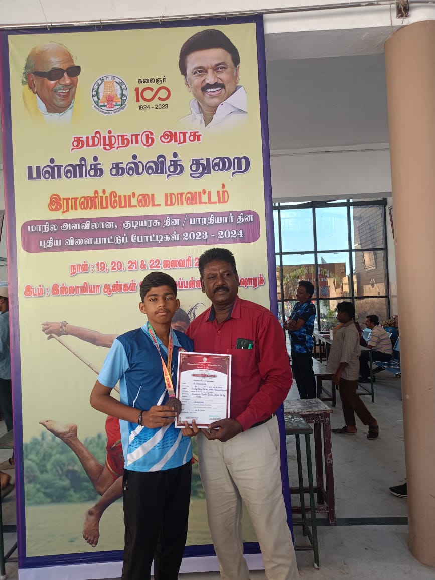 Dayanidhi of 12th std  participated in state level silambam competition and won bronze medal…Congratulations